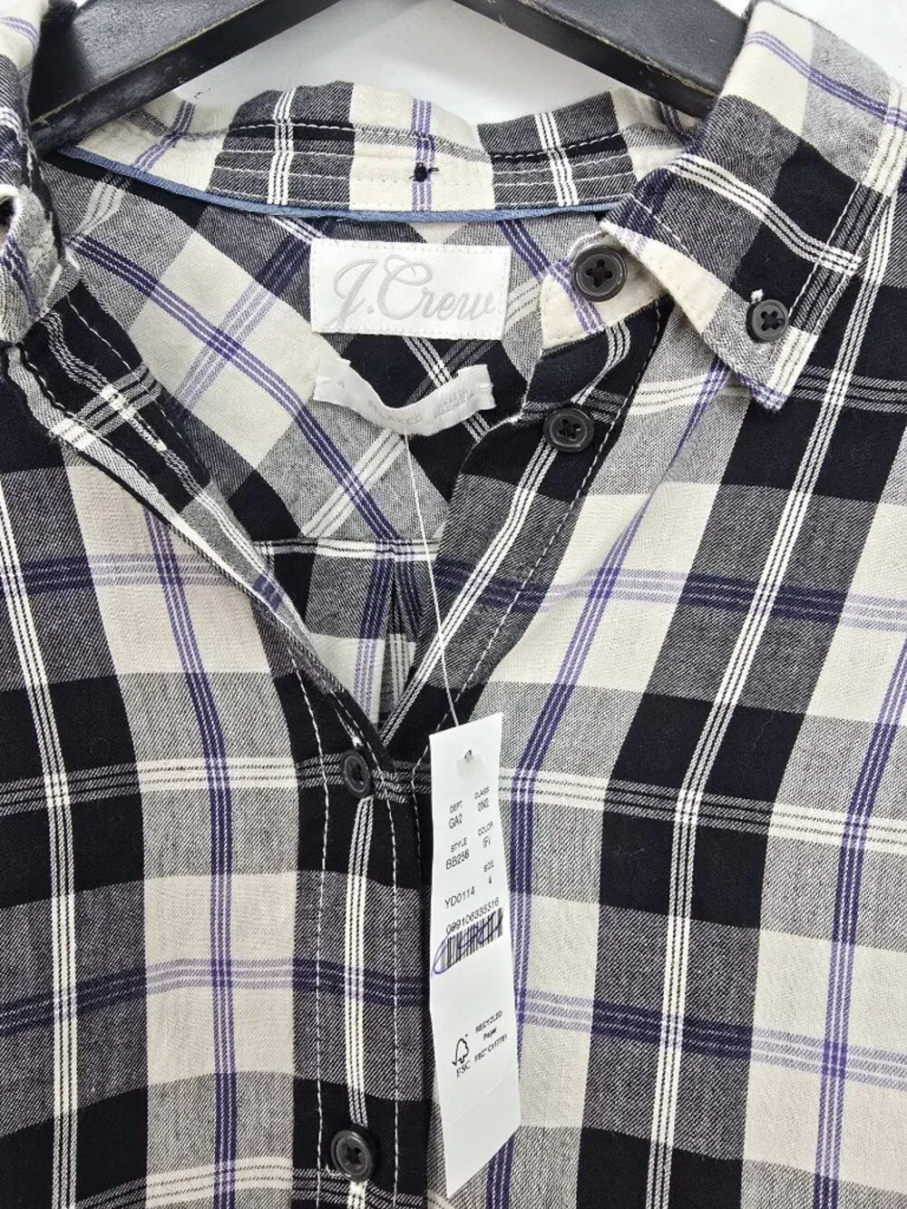 NWT J Crew Black White Plaif Relaxed Fit Button Front Long Sleeve Shirt Women 4